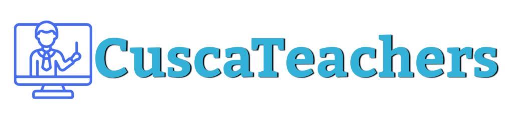 Logo de "CuscaTeachers", muestra un maestro dentro de una pantalla.
