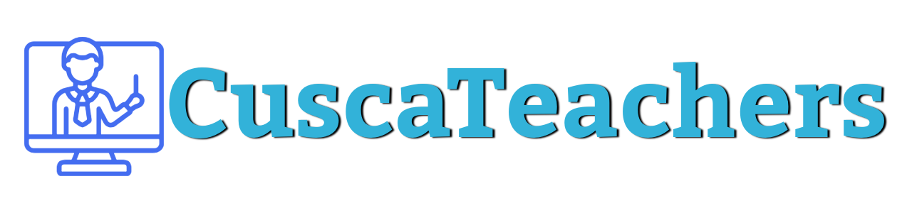 Logo de "CuscaTeachers", muestra un maestro dentro de una pantalla.